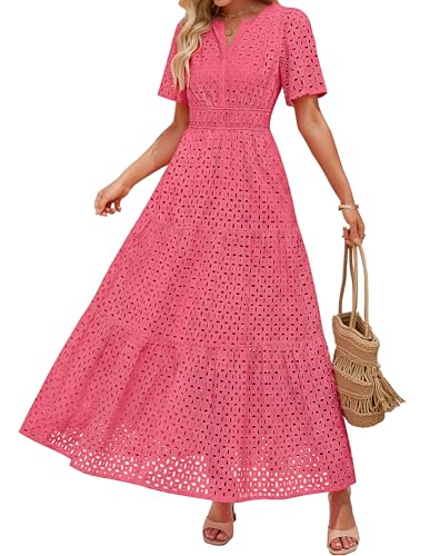 Image of ZESICA Women's 2026 Summer Short Sleeve Maxi Dress Casual V Neck Hollow Out Eyelet Ruffle Swing A Line Long Dresses