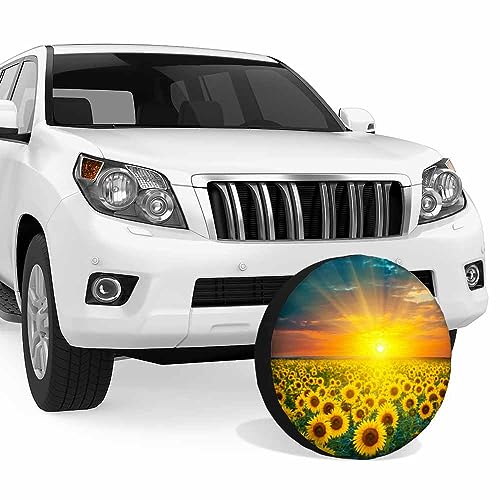 Image of Sunflowers Field Spare Tire Cover Sunrise Golden Yellow Sunflower Sunlight Bright Cloudy Weatherproof Universal Wheel Protectors Camper Tire Covers for Trailer Rv Travel(17 inch)