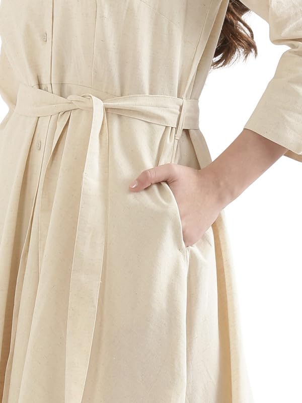 Image of SAADAA Women Cotton-Linen Blend Flared Dress | Midi Dress with 3 /4 Sleeves, Adjustable Waist Belt & Pockets | Below Knee Casual Dress for Office, Travel & Everyday Wear
