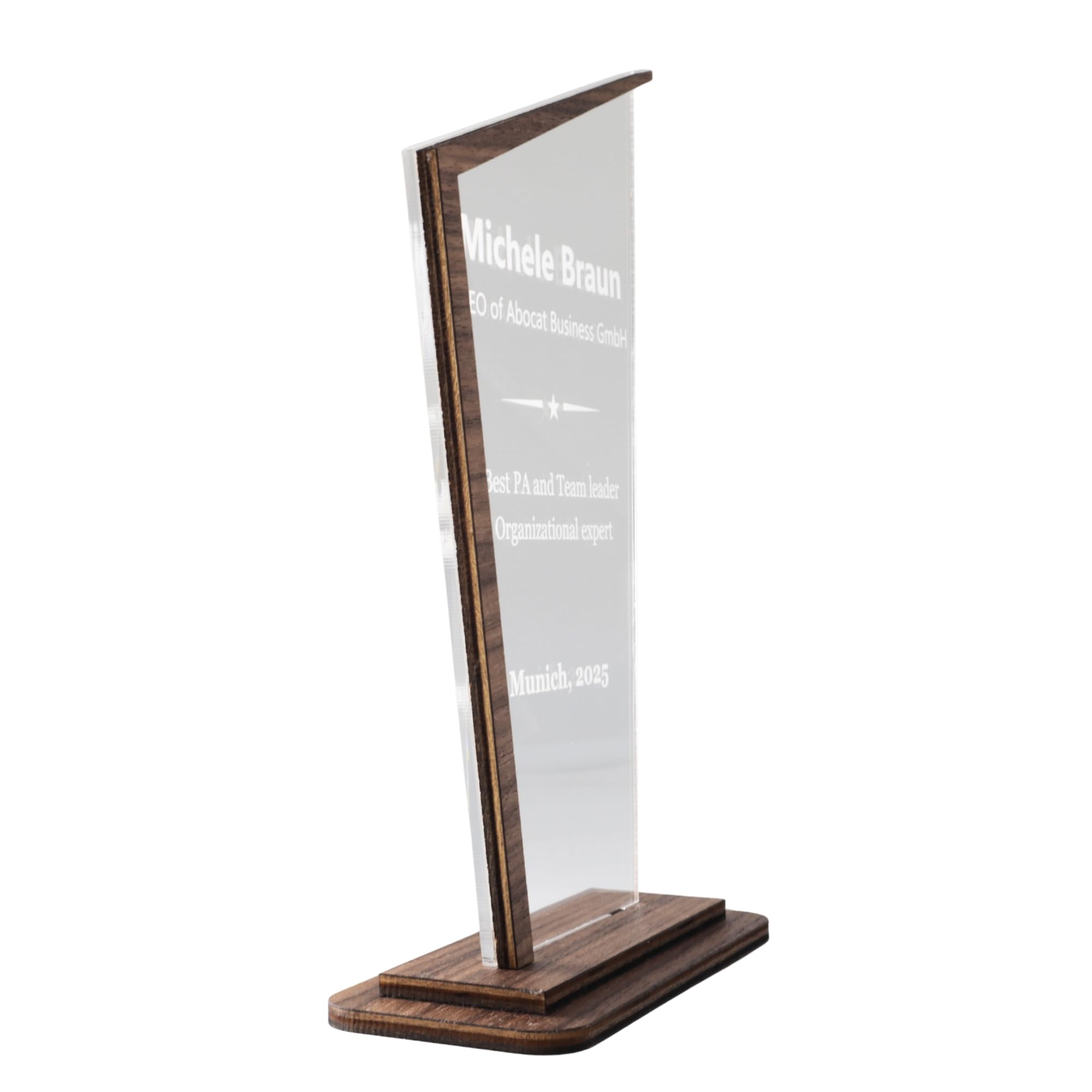 Pila Stone Award mit Gravur aus Acryl & Edelholz – personalisierte Trophäe mit Logo & Text für Sport, Schule, Firma & Events – Pokal als Auszeichnung, Geschenk, Jubiläum