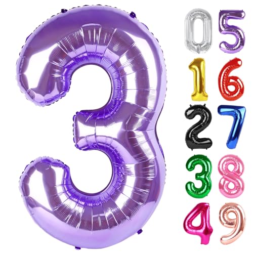 Image of Purple Number 3 Balloon 40 Inch, 3rd Birthday Celebration Supplies Women Men, 3 Balloon for Theme Party
