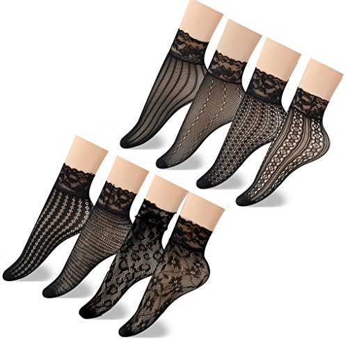 Jormatt 8 Pairs Women Lace Fishnet Socks Nylon Sheer Ankle Dress Socks Low Cut Black Sheer Thin Novelty Cuff Socks For Flats Heels Bootie Shoes, Size 8-12