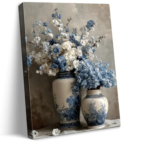 vandlife Vintage Flower Canvas Wall Art Antique Style Blue White