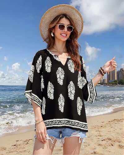 bebonnie womens 34 sleeve v neck bohemian peasant blouses casual loose fit tunic tops