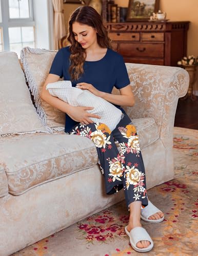 Image of Ekouaer 3 PCS Maternity Nursing Pajamas Set Postpartum Breastfeeding Short Sleeve Shirts, Pregnancy Shorts & Pants Pjs S-XXL