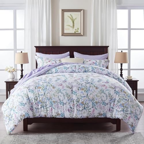 La Sheer King Size Comforter Set 3 Piece,All Season Ultra Soft Lightweight Down Alternative Floral Botanical Bedding Set with Comforter,Pillow Shams