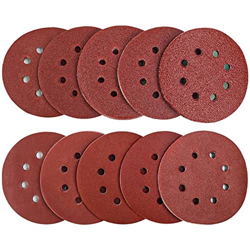 100Pcs Sanding Discs Pads, Augola Hook and Loop 40 60 80 100 120 150 180 240 320 400 Mixed Grits 125mm Sandpaper Sheet for Random Orbital Sander, 8-Holes