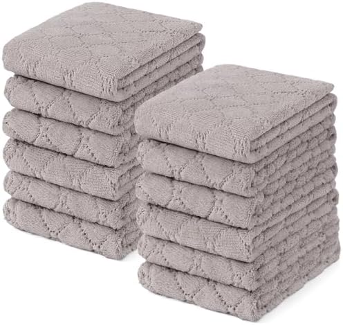 Homaxy 12 Pack Kitchen Dish Cloths(10 x 20 Inches, Grey), Super Soft and Absorbent Coral Velvet Dish Towels, Nonstick Oil Fast Drying Kitchen Cleaning Cloths, Lint Free Household Dishcloths