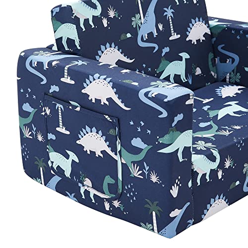 Ulax Furniture Kids Fold Out Couch 2-In-1 Children Convertible Sofa To Lounger With Soft Plush Fabric (Navy Dinosaur) #TOP3