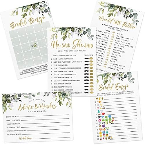 Printed Party Bridal Shower Kit, Double-Sided Eucalyptus Greenery, 5 Games and Activities (50 Guests)