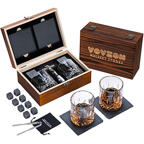 VOVZON Whiskey Stones and Glasses Gift Set for Men - 8 Whisky Scotch Bourbon Chilling Stones, 2 Whiskey Glasses in Wooden Box - Christmas/Father's Day/Birthday Gift/Present for Father Dad Boyfriend Cover