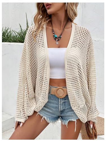 Verdusa Women's Open Front Oversized Cardigan Early Fall Outfits Hollow Out Knit Lightweight Sweater Spring Outerwear3