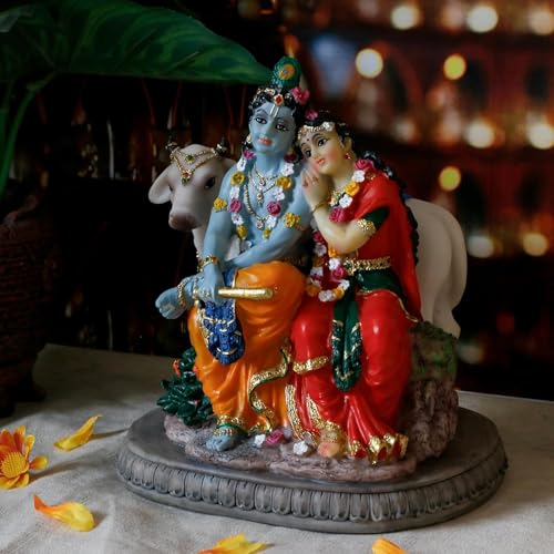 Image of KRAAFTIQUE Handmade Marble Radha Krishna with Cow Idol | Decorative Murti for Home Decor, Wedding, Anniversary, Housewarming, and Return Gift (18 CM)