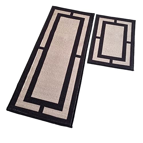 Image of Matz&More Anti Slip Kitchen Runner & Doormat Combo (50x120cm + 40x60cm), Nylon Tufted Floor Mat with Rubber Backing, Carpet for Kitchen, Hallway, Bedroom, Bathroom, Geometric Beige Black