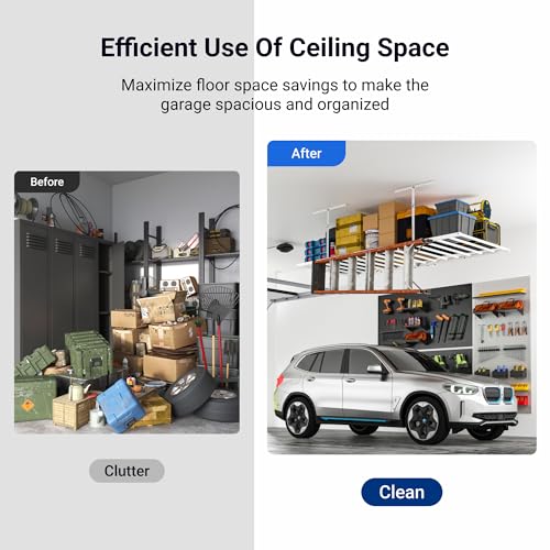 Image of FLEXIMOUNTS 4x8 Overhead Garage Storage Rack with 6 Hooks, 2 Pack, White
