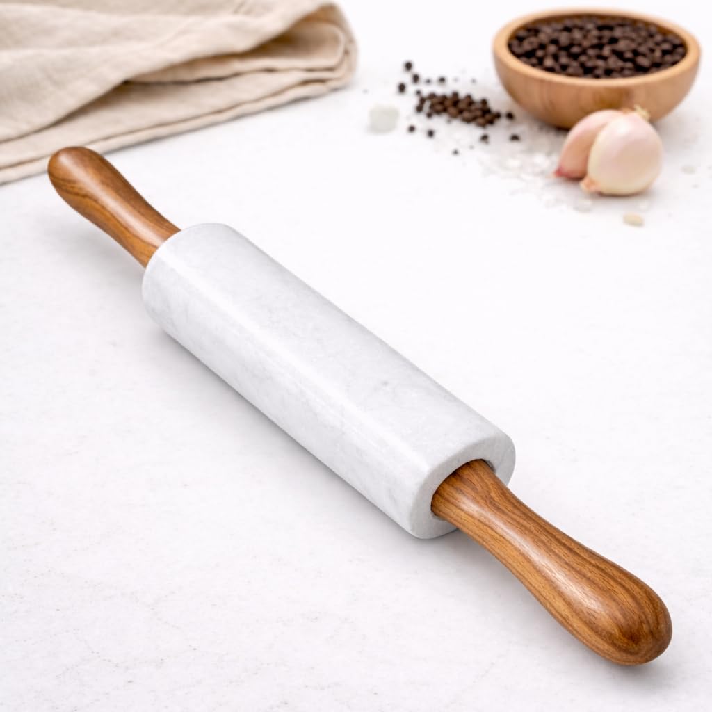 Premium White Marble Rolling Pin with Wooden Handles, Heavy Duty Stone Belan for Roti, Pizza & Baking (11 inch)-image-7