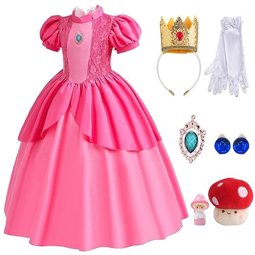 Moagis Girls Kids Princess Costume Dress Halloween Party Dress Up Outfits With Crown Gloves Costumes For Girls Pink Dress, 7-8Y #TOP23