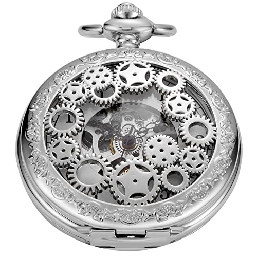 Image of Classic Silver Mechanical Pocket Watch, Roman Numerals Silver Pocket Watch with Chain Box for Men