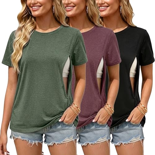 Love2Mi 3er/4er Set Stillshirt mit verstecktem Reißverschluss Stillöffnung kurzen Umstandstop Stillen T-Shirt für Schwangere