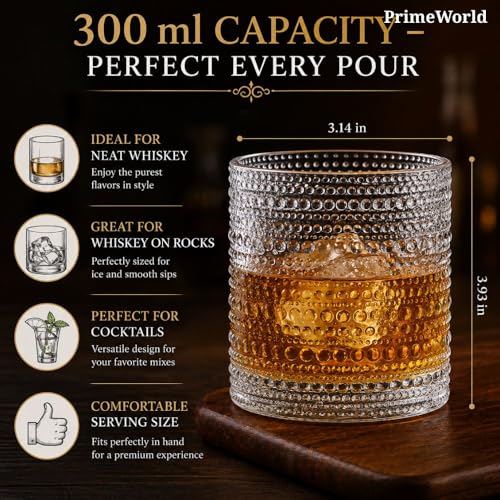 Image of PrimeWorld Whiskey Glass Set of 6 - 300ml | Premium Crystal-Clear Tumblers for Whiskey, Scotch, Bourbon, Cocktails & Spirits | Lead-Free, Heavy Base Old-Fashioned Glasses for Home Bar & Gifting