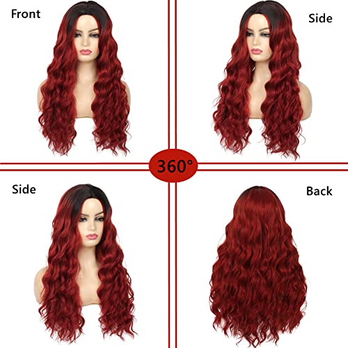 Image of Swiking Ombre Red Long Curly Wigs for Women Wavy Black and Red Wig Natural Synthetic Hair Wig for Cospaly Halloween