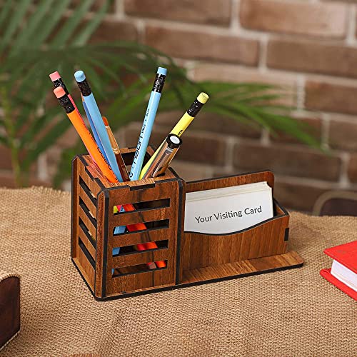 Image of Deskart Stylish Pen Stand with Business Visiting Card Holder | Multipurpose Wooden Desk Organizer for Office Desk and Study Table