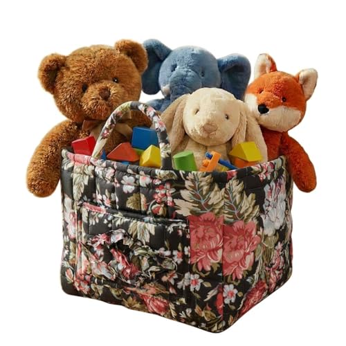 Image of Quilted Fabric Basket Foldable Car Storage Boho Floral Laundry Basket Hamper for Nursery Bedroom & Living Room | Organize Clothes Toys