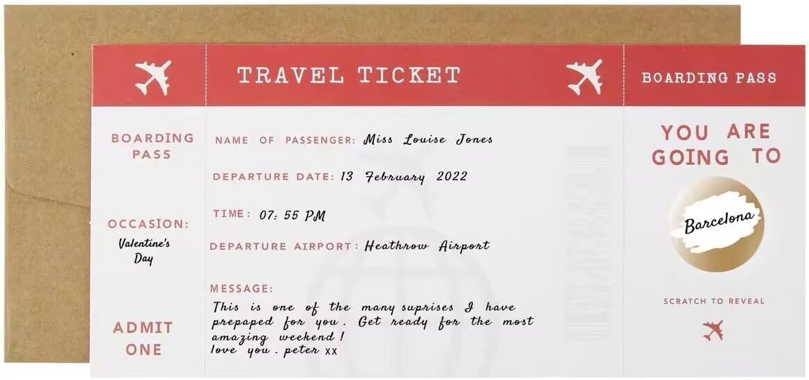 CJ&M Personalised AEROPLANE Scratch Boarding Pass, Surprise Holiday, Vacation, Birthday gift, Faux fake boarding pass, Surprise travel reveal