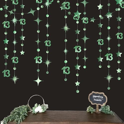 Image of Sage Green 13th Birthday Decorations Number 13 Circle Dot Twinkle Star Garland Metallic Hanging Streamer Banner Backdrop Girls Boys 13 Years Old Birthday Thirteen Official Teenager Party Supplies