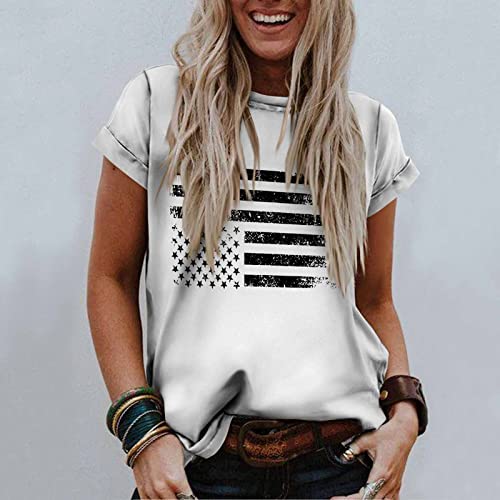Casual Clothes 2023 Women Short Sleeve American Flag Basic Tops Summer Vintage Crew Neck Tunic Vacation Tees Shirts #TOP1