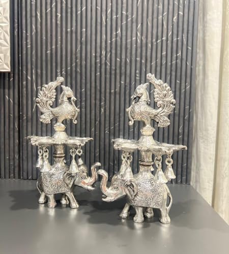 Image of German Silver Peacock Samai Pair Diya Stand with Elephant Base & Plate - Decorative Oil Lamp Set for Home, Temple & Festive Decor, Pack of 2, 20 x 6.5 Inch Silver Finish (12 x 7 Inch)