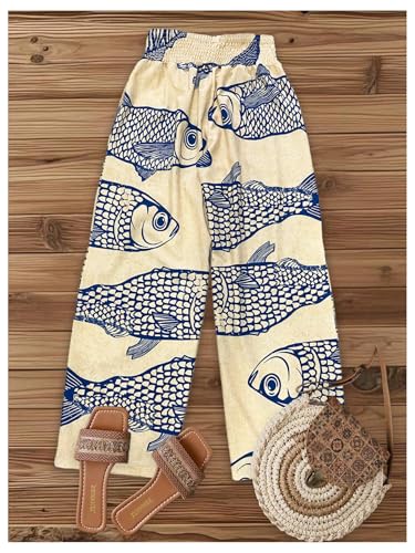 WDIRARA Women's Fish Print Palazzo Pants Smocked High Waist Wide Leg Loose Pants2
