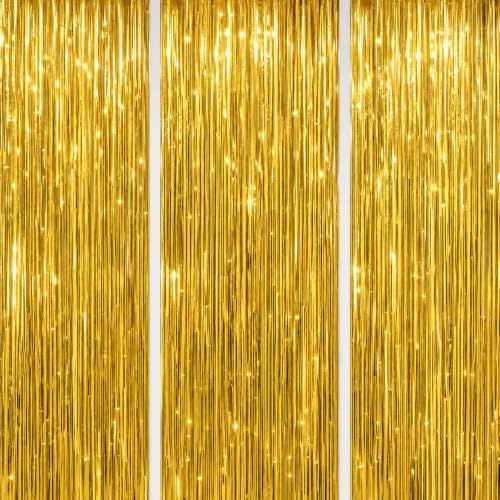 DECOCKRAT 3 Pack Foil Fringe Backdrop - Gold Shiny Tinsel Curtains for Party Decoration/Photo Booth Props - 3.3x8.2 FT Metallic Foil Backdrop for Birthday Wedding Graduation Christmas.