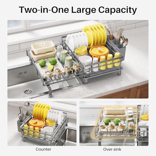 Image of SNTD Dish Drying Rack - Extendable Dish Rack, Large Sink Drying Dish Drainer for Kitchen Counter, Stainless Steel Dish Strainer with Utensil Holder (Grey)