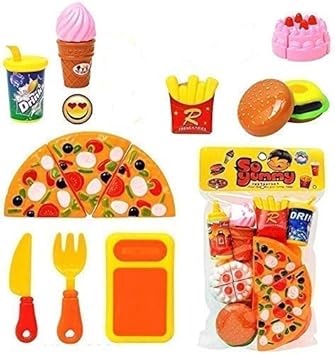 household culture pizza party fast food pretend cooking & cutting play set toy for kids (multi-color)-Multi color