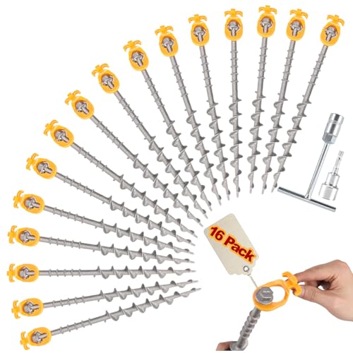 Keltrion 16 PCS Screw in Tent Stakes for Women Men - Ground Anchors for Sand, Canopy, Trampolines, Camping Aluminium Heavy Duty Rust Prevention Pegs Drillable Lightweight Safe - Silvery 14 inch