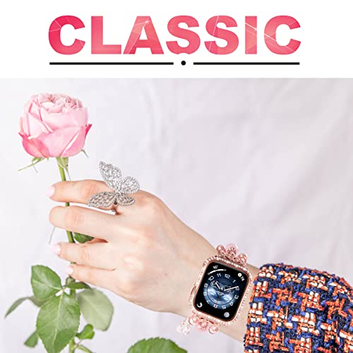 Fohuas Compatible Apple Watch Bracelet Band Pearl 38Mm 40Mm 41Mm, Iwatch Beaded Bangle Crystal Pearl Adjustable Women Girl Elastic Jewelry Replacement Wristband Strap For Iwatch Series Se 8 7 6 5 4 3 2 1, Rose Gold #TOP6