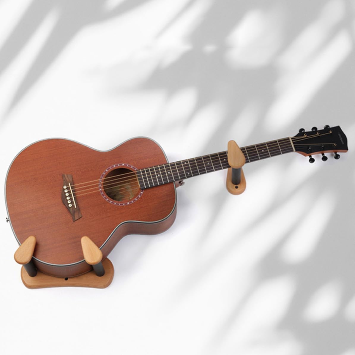 Wall Mounted Guitar Hanger for Acoustic Guitar and Ukulele Split Design and Angled Suspension, Beech Wood and Iron Construction, Easy Installation for Personal Practice