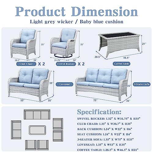 Outdoor-Wicker-Furniture-Patio-Set-7-Piece-Backyard-Furniture-Light-Grey-Rattan-Conversation-Sets-with-Swivel-Rocker-Chairs-Rattan-Sofa-Club-Chairs-and-Coffee-Table-Baby-Blue-Cushion Outdoor Wicker Furniture Patio Set 7 Piece Backyard Furniture Light Grey Rattan Conversation Sets with Swivel Rocker Chairs Rattan Sofa Club Chairs and Coffee Table Baby Blue Cushion