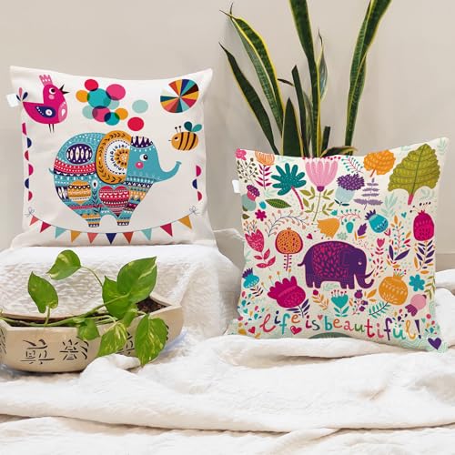 Set of 2 Polycotton Cushion Covers – 16x16 Inches – Multicolor Elephant & Jungle Print – Playful Cushion Covers for Kids Room, Sofa & Living Room Deco