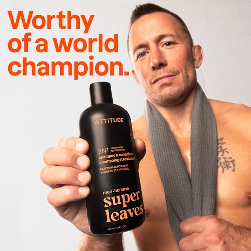 Image of ATTITUDE Men's Shampoo and Conditioner 2-in-1, Nourishing For Dry Hair and Scalp, With Panthenol and Ginseng, 97% Natural Origin Ingredients, EWG Verified, Patchouli & Bourbon, 32 Fl Oz