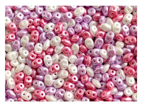 60 g Kleine Perlen SuperDuo Rocailles 2,5x5 mm, 2 Löcher, Tschechisches Glas, Alabaster Pastel Weiß Rosa Lila