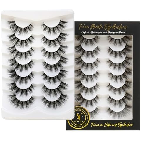 SHUYING False Eyelashes 16mm Faux Mink Lashes with Superfine Band Cat Eye Look Fluffy Soft Strip Lashes Luxury Volume Fake Eyelash 7 Pairs Pack Cover
