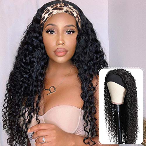 Headband Wigs Human Hair Water Wave 24 Inch Wig Glueless Headband Wig Water Wave None Lace Front Wigs Machine Made 180% Density Wig Curly Hair Natural Color