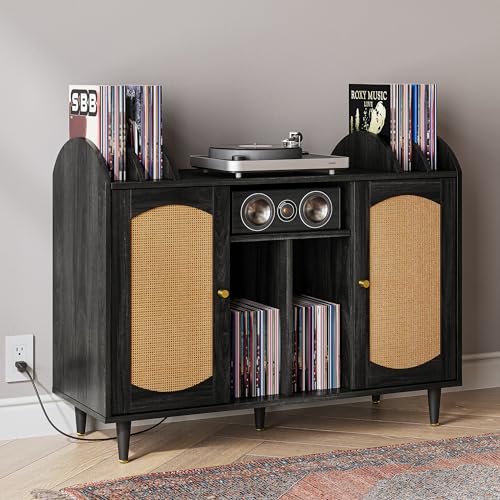 BELLEZE Mid-Century Record Player Stand, Rattan Vinyl Storage Cabinet for 350+ Albums, Turntable...