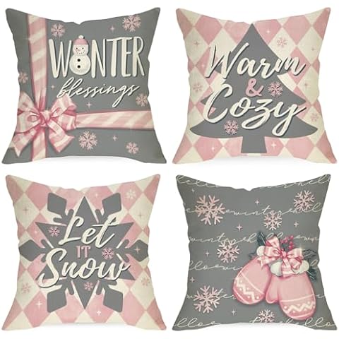 Ussap Grey Pink Winter Blessing Decorative Throw Pillow Covers 18 x 18 Set of 4, Gray Christmas Tree Snowflake Warm Cozy Cushion Case Decor, Let It Snow Mitten Bow Snowman Plaid Home Decoration Cover