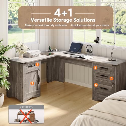 Decofy L Shaped Farmhouse Executive Desk with Drawers, 67" Home Office Desks with Fast Charging Station, Lockable File Cabinet, Wood Writing Computer Desk for Work, Study, Grey by Decofy - Image 2