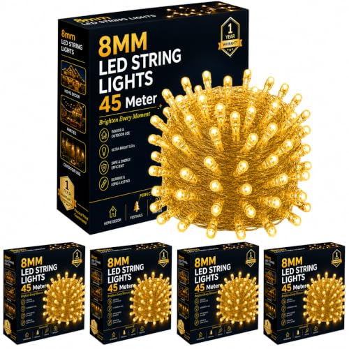 Image of Gesto 45 Meter LED String Lights - Warm White 8mm Big Led Fairy Lights for Decoration | 360 Glow Waterproof Copper Wire Lights for Home Decor Balcony Outdoor Christmas & Diwali Decoration- Pack of 5
