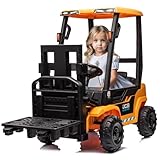 12V Ride on Forklift Car with Tent, Licensed JCB Battery Powered Electric Construction Car for Kids with Electric Liftable Fork, Seat Belt, Remote Control, Spring Suspension, Yellow