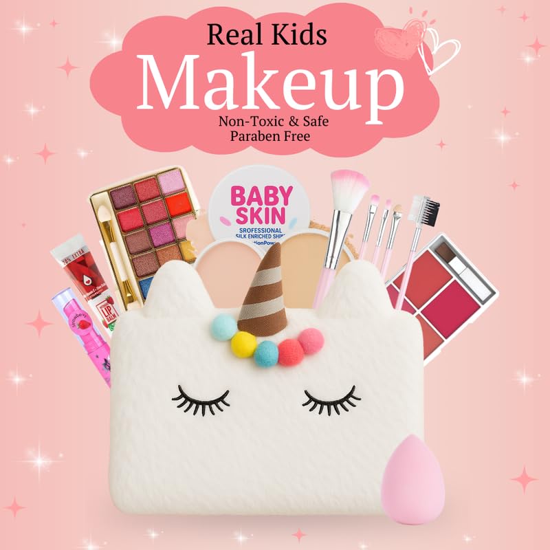 Image of Linivya Kids Real Makeup Kit for Girls & Teens | 15-Piece Set with Unicorn White Bag - Safe, Non-Toxic, Washable - Birthday Gift for Ages 6-17